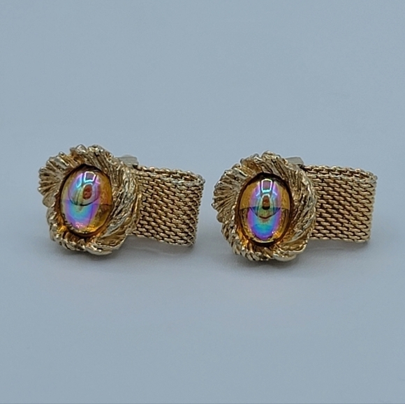Goldtone Cufflinks Amber Tone Cabachon Aurora Borealis Finish #1182 - Picture 2 of 13